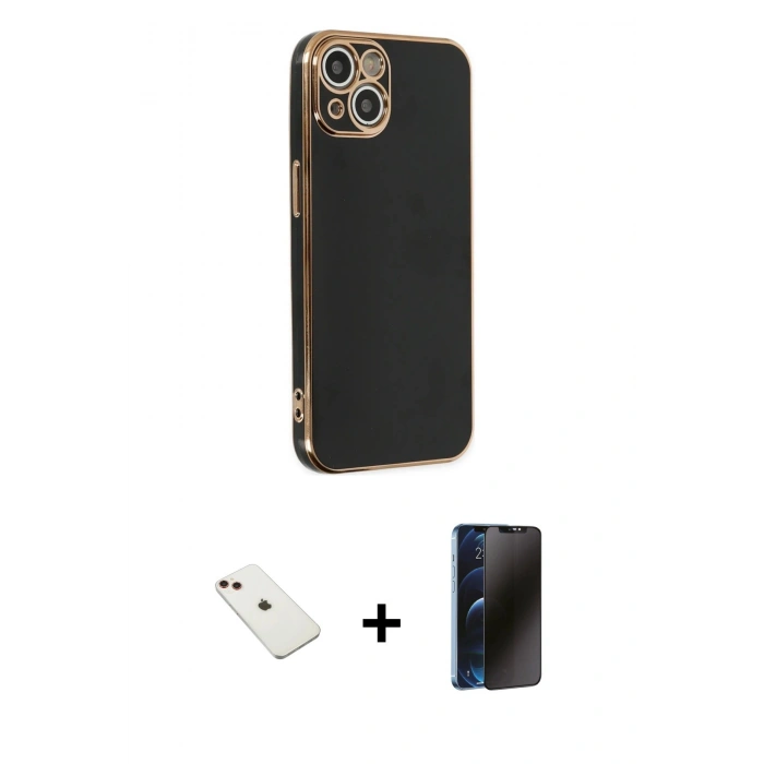 MARSİLYAN™- iPhone 14 Kılıf Yankı Serisi - Siyah 3D Antistatik Hayalet Cam Ekran Koruyucu + Diamond Kamera Lens - KI