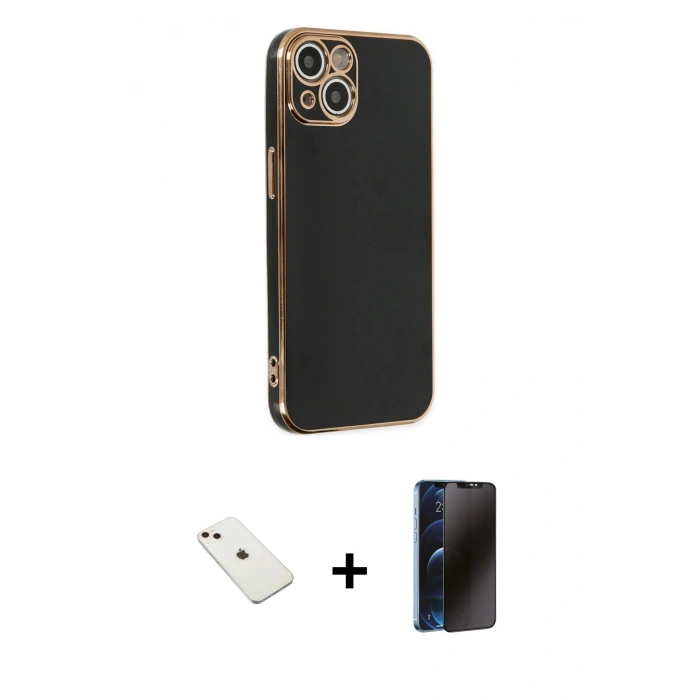 MARSİLYAN™- iPhone 14 Kılıf Yankı Serisi - Siyah 3D Antistatik Hayalet Cam Ekran Koruyucu + Diamond Kamera Lens - PE