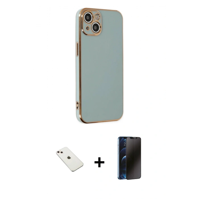 MARSİLYAN™- iPhone 14 Kılıf Yankı Serisi - Siyah 3D Antistatik Hayalet Cam Ekran Koruyucu + Diamond Kamera Lens - PE