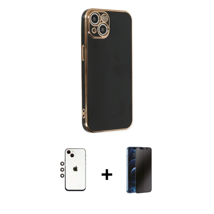 MARSİLYAN™- iPhone 14 Kılıf Yankı Serisi - Siyah 3D Antistatik Hayalet Cam Ekran Koruyucu + Shine Kamera Lens - GI