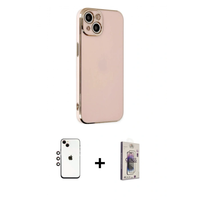 MARSİLYAN™- iPhone 14 Kılıf Yankı Serisi - Siyah Bilvis 3D Cam Ekran Koruyucu + Shine Kamera Lens - GI