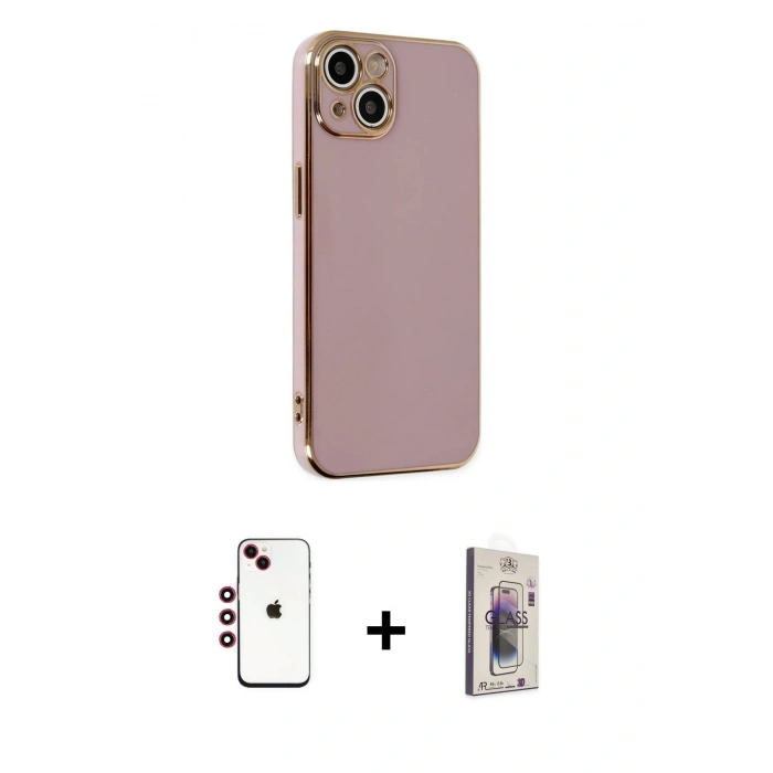 MARSİLYAN™- iPhone 14 Kılıf Yankı Serisi - Siyah Bilvis 3D Cam Ekran Koruyucu + Shine Kamera Lens - KI