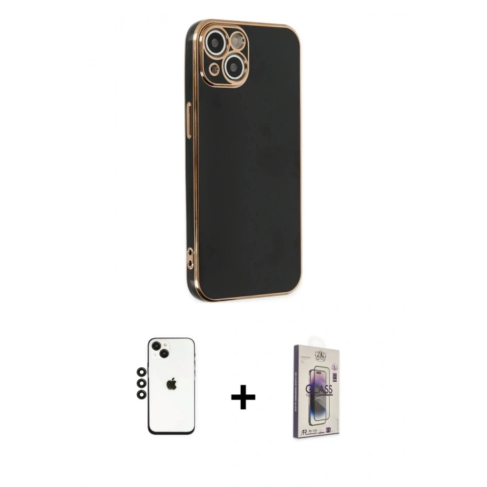 MARSİLYAN™- iPhone 14 Kılıf Yankı Serisi - Siyah Bilvis 3D Cam Ekran Koruyucu + Shine Kamera Lens - SH