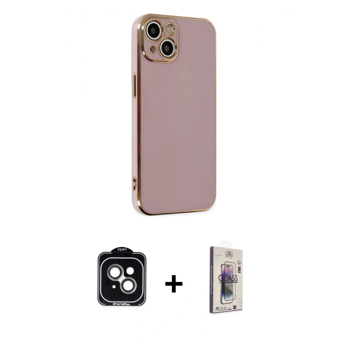 MARSİLYAN™- iPhone 14 Kılıf Yankı Serisi - Siyah Bilvis 3D Cam Ekran Koruyucu + PVD Metal Kamera Lens - YL