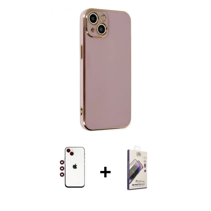 MARSİLYAN™- iPhone 14 Kılıf Yankı Serisi - Siyah Bilvis 3D Mat Cam Ekran Koruyucu + Shine Kamera Lens - KI