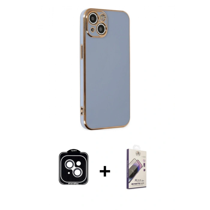 MARSİLYAN™- iPhone 14 Kılıf Yankı Serisi - Siyah Bilvis 3D Mat Cam Ekran Koruyucu + PVD Metal Kamera Lens - GS