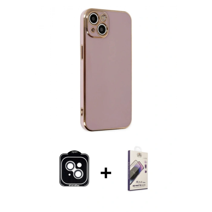 MARSİLYAN™- iPhone 14 Kılıf Yankı Serisi - Siyah Bilvis 3D Mat Cam Ekran Koruyucu + PVD Metal Kamera Lens - GS
