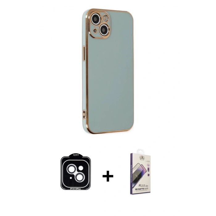 MARSİLYAN™- iPhone 14 Kılıf Yankı Serisi - Siyah Bilvis 3D Mat Cam Ekran Koruyucu + PVD Metal Kamera Lens - GS