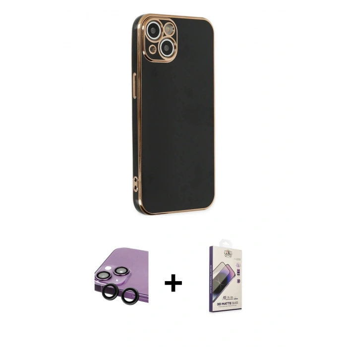MARSİLYAN™- iPhone 14 Kılıf Yankı Serisi - Siyah Bilvis 3D Mat Cam Ekran Koruyucu + Raze Metal Kamera Lens - SH