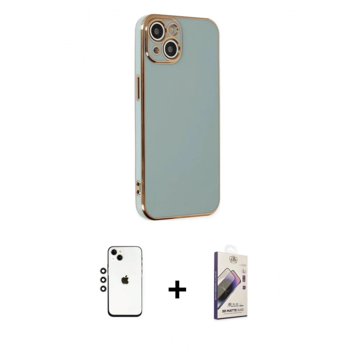 MARSİLYAN™- iPhone 14 Kılıf Yankı Serisi - Siyah Bilvis 3D Mat Cam Ekran Koruyucu + Shine Kamera Lens - GS