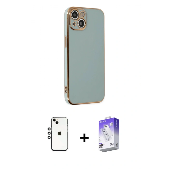 MARSİLYAN™- iPhone 14 Kılıf Yankı Serisi - Siyah Bilvis 5in1 3D Magic Cam Ekran Koruyucu + Shine Kamera Lens - GS