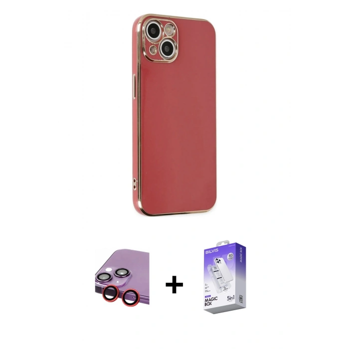 MARSİLYAN™- iPhone 14 Kılıf Yankı Serisi - Siyah Bilvis 5in1 3D Magic Cam Ekran Koruyucu + Kırmızı Raze Metal Kamera Lens