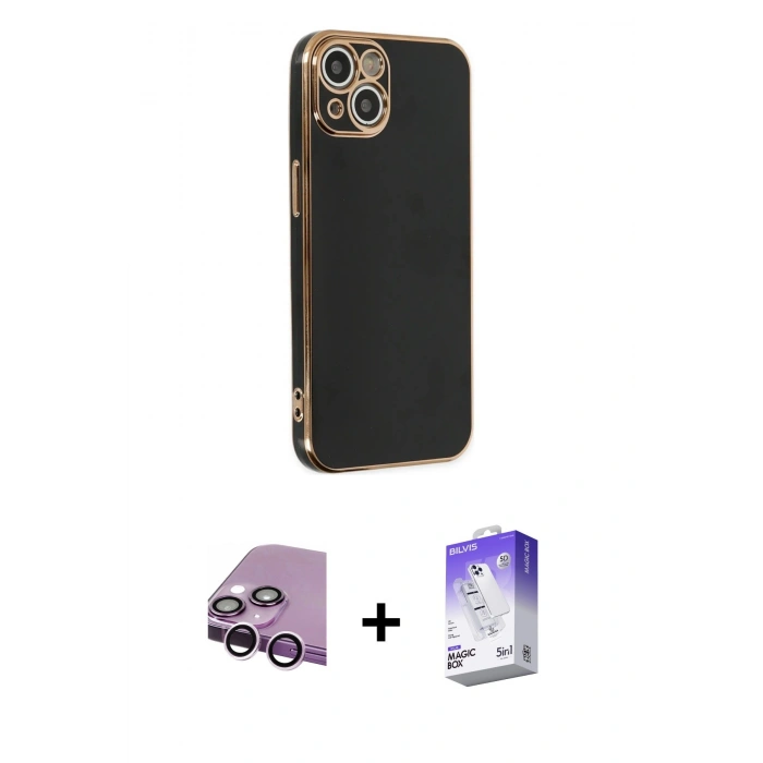 MARSİLYAN™- iPhone 14 Kılıf Yankı Serisi - Siyah Bilvis 5in1 3D Magic Cam Ekran Koruyucu + Raze Metal Kamera Lens - MR