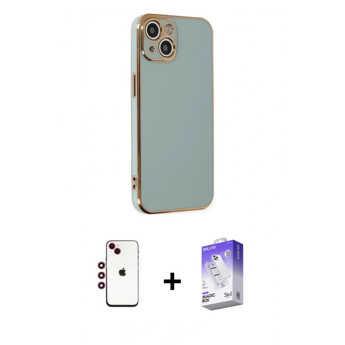 MARSİLYAN™- iPhone 14 Kılıf Yankı Serisi - Siyah Bilvis 5in1 3D Magic Cam Ekran Koruyucu + Shine Kamera Lens - KI