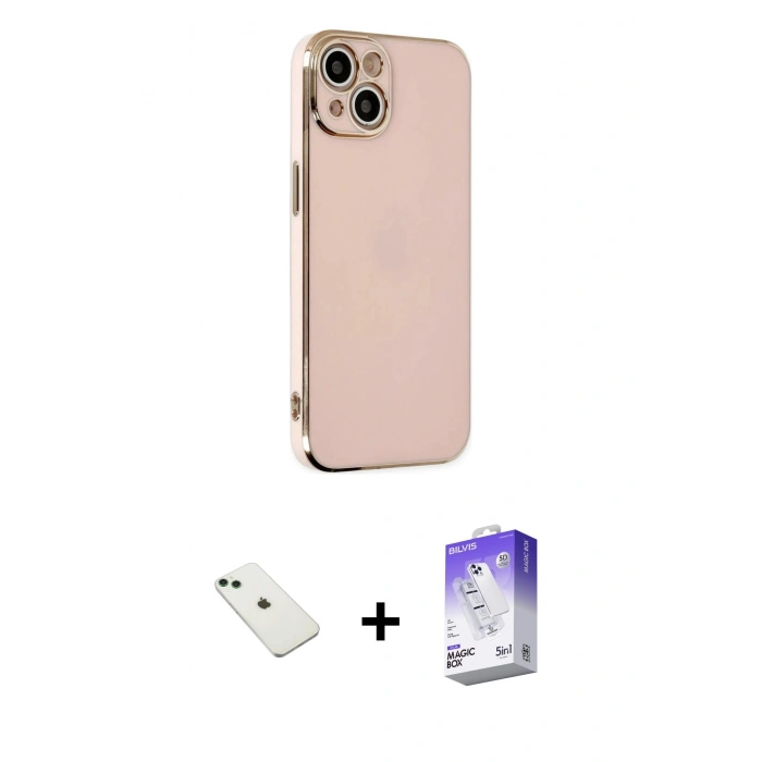MARSİLYAN™- iPhone 14 Kılıf Yankı Serisi - Siyah Bilvis 5in1 3D Magic Cam Ekran Koruyucu + Diamond Kamera Lens - YL