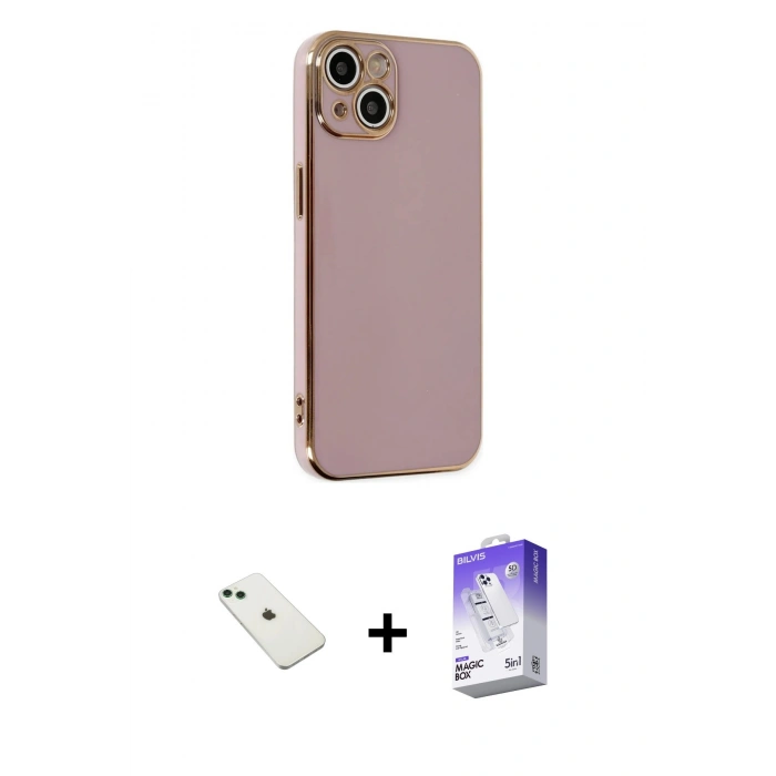 MARSİLYAN™- iPhone 14 Kılıf Yankı Serisi - Siyah Bilvis 5in1 3D Magic Cam Ekran Koruyucu + Diamond Kamera Lens - YL