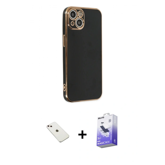 MARSİLYAN™- iPhone 14 Kılıf Yankı Serisi - Siyah Bilvis 5in1 5D Magic Hayalet Cam Ekran Koruyucu + Diamond Kamera Lens - PE