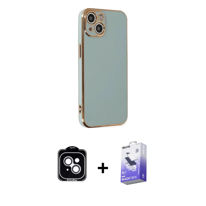 MARSİLYAN™- iPhone 14 Kılıf Yankı Serisi - Siyah Bilvis 5in1 5D Magic Hayalet Cam Ekran Koruyucu + PVD Metal Kamera Lens - GS