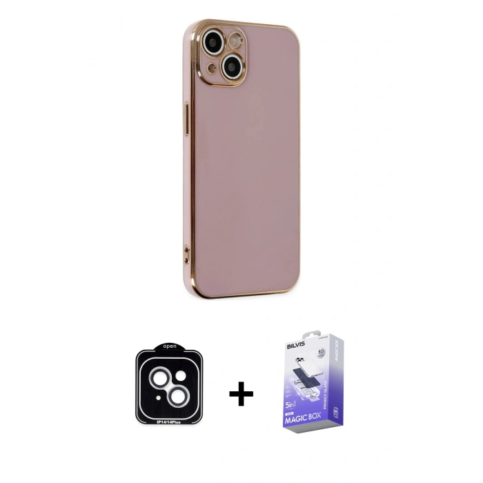 MARSİLYAN™- iPhone 14 Kılıf Yankı Serisi - Siyah Bilvis 5in1 5D Magic Hayalet Cam Ekran Koruyucu + PVD Metal Kamera Lens - GS