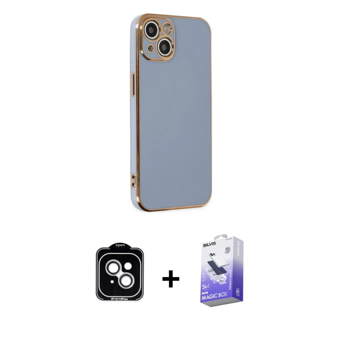 MARSİLYAN™- iPhone 14 Kılıf Yankı Serisi - Siyah Bilvis 5in1 5D Magic Hayalet Cam Ekran Koruyucu + PVD Metal Kamera Lens - GS