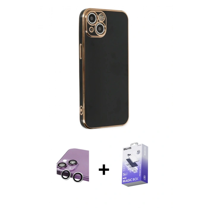 MARSİLYAN™- iPhone 14 Kılıf Yankı Serisi - Siyah Bilvis 5in1 5D Magic Hayalet Cam Ekran Koruyucu + Raze Metal Kamera Lens - GS