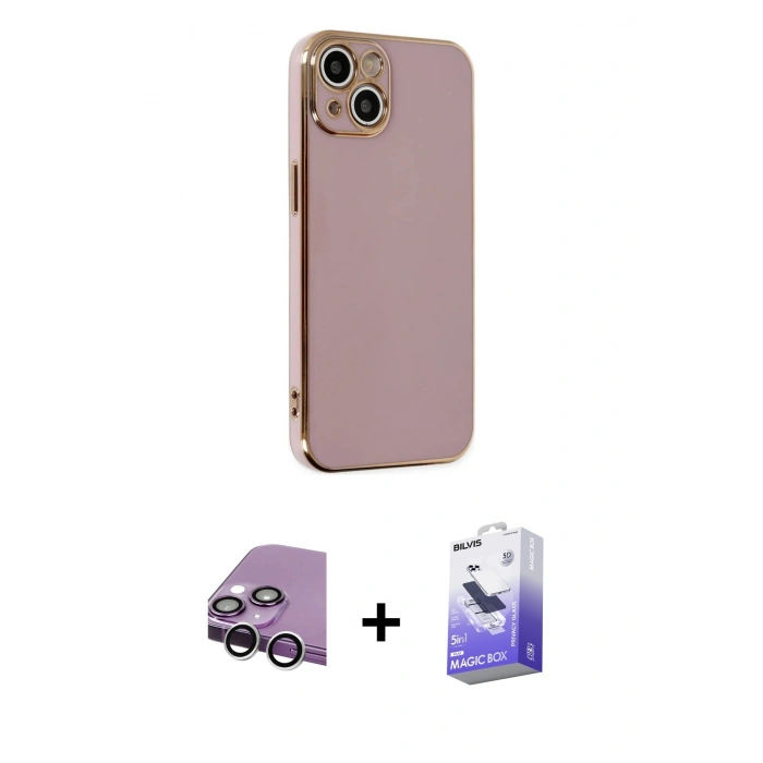 MARSİLYAN™- iPhone 14 Kılıf Yankı Serisi - Siyah Bilvis 5in1 5D Magic Hayalet Cam Ekran Koruyucu + Raze Metal Kamera Lens - GS