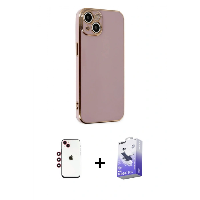 MARSİLYAN™- iPhone 14 Kılıf Yankı Serisi - Siyah Bilvis 5in1 5D Magic Hayalet Cam Ekran Koruyucu + Shine Kamera Lens - KI