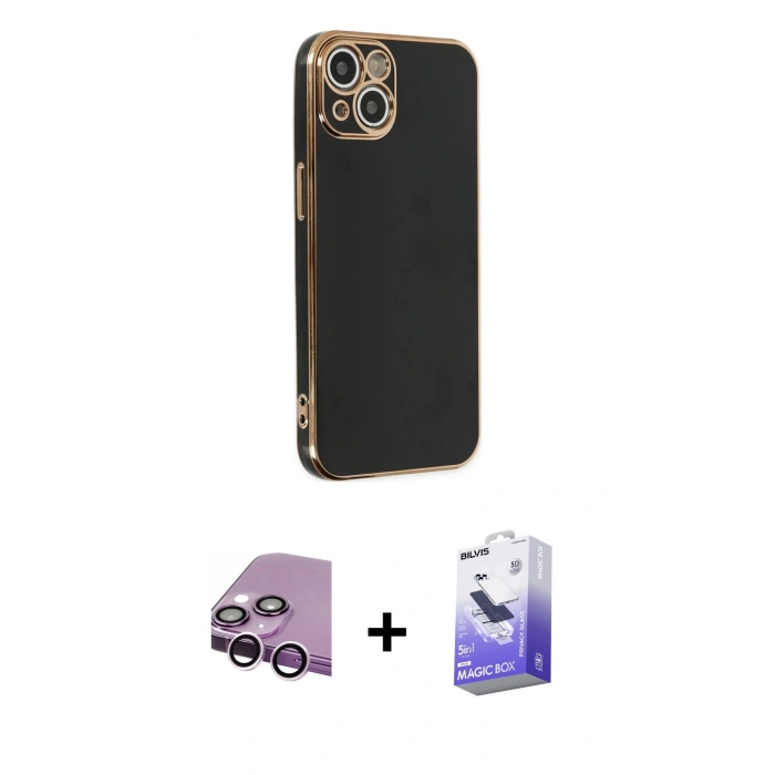 MARSİLYAN™- iPhone 14 Kılıf Yankı Serisi - Siyah Bilvis 5in1 5D Magic Hayalet Cam Ekran Koruyucu + Raze Metal Kamera Lens - MR