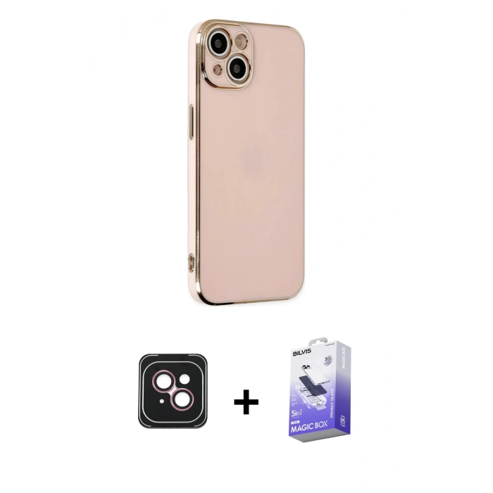 MARSİLYAN™- iPhone 14 Kılıf Yankı Serisi - Siyah Bilvis 5in1 5D Magic Hayalet Cam Ekran Koruyucu + PVD Metal Kamera Lens - PE