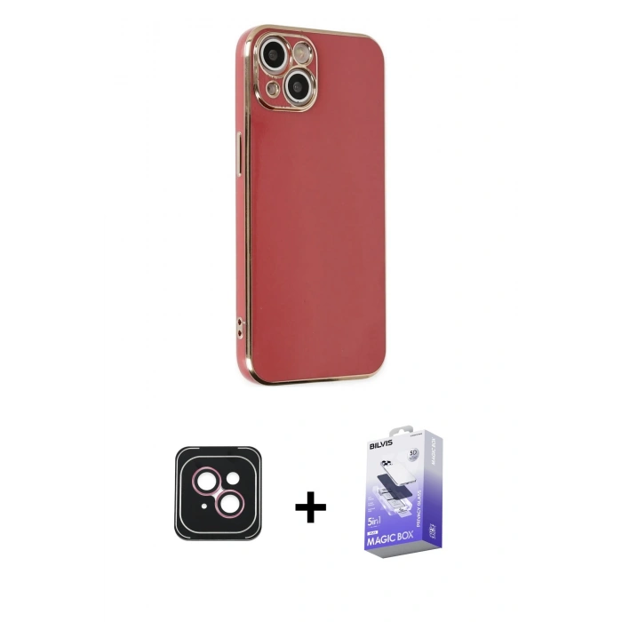 MARSİLYAN™- iPhone 14 Kılıf Yankı Serisi - Siyah Bilvis 5in1 5D Magic Hayalet Cam Ekran Koruyucu + PVD Metal Kamera Lens - PE