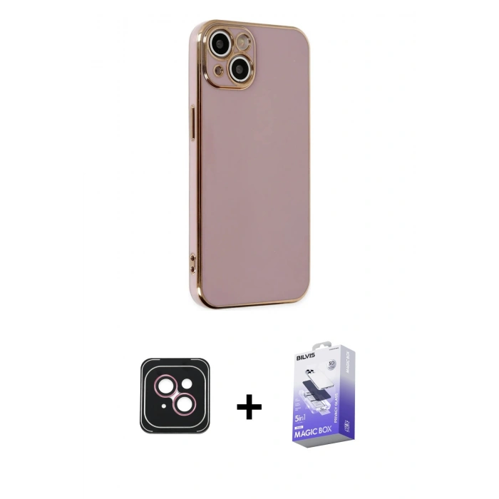 MARSİLYAN™- iPhone 14 Kılıf Yankı Serisi - Siyah Bilvis 5in1 5D Magic Hayalet Cam Ekran Koruyucu + PVD Metal Kamera Lens - PE