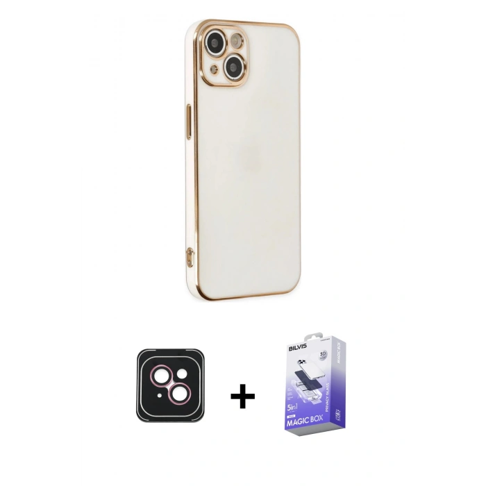 MARSİLYAN™- iPhone 14 Kılıf Yankı Serisi - Siyah Bilvis 5in1 5D Magic Hayalet Cam Ekran Koruyucu + PVD Metal Kamera Lens - PE