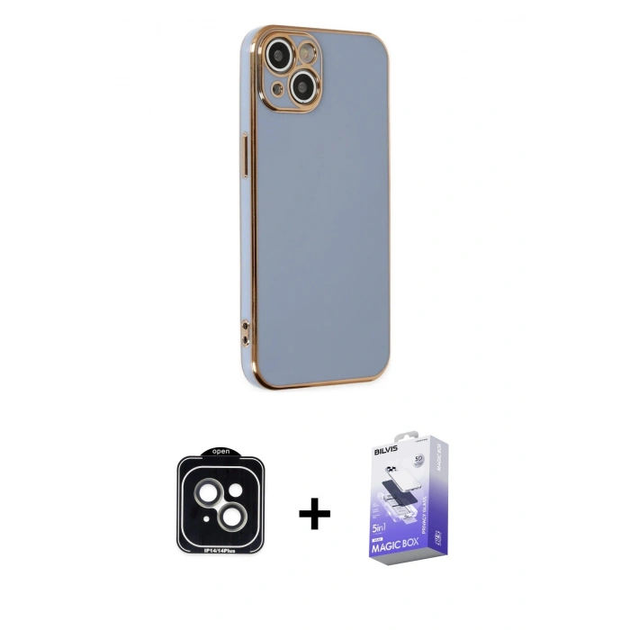 MARSİLYAN™- iPhone 14 Kılıf Yankı Serisi - Siyah Bilvis 5in1 5D Magic Hayalet Cam Ekran Koruyucu + PVD Metal Kamera Lens - YL