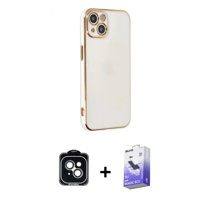 MARSİLYAN™- iPhone 14 Kılıf Yankı Serisi - Siyah Bilvis 5in1 5D Magic Hayalet Cam Ekran Koruyucu + PVD Metal Kamera Lens - YL