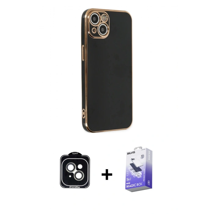 MARSİLYAN™- iPhone 14 Kılıf Yankı Serisi - Siyah Bilvis 5in1 5D Magic Hayalet Cam Ekran Koruyucu + PVD Metal Kamera Lens - YL
