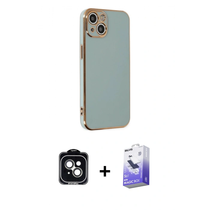 MARSİLYAN™- iPhone 14 Kılıf Yankı Serisi - Siyah Bilvis 5in1 5D Magic Hayalet Cam Ekran Koruyucu + PVD Metal Kamera Lens - YL