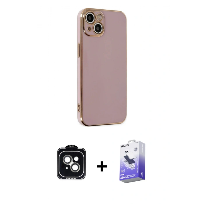 MARSİLYAN™- iPhone 14 Kılıf Yankı Serisi - Siyah Bilvis 5in1 5D Magic Hayalet Cam Ekran Koruyucu + PVD Metal Kamera Lens - YL