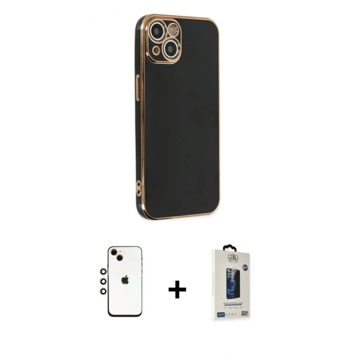 MARSİLYAN™- iPhone 14 Kılıf Yankı Serisi - Siyah Bilvis Hayalet Cam Ekran Koruyucu + Shine Kamera Lens - GI