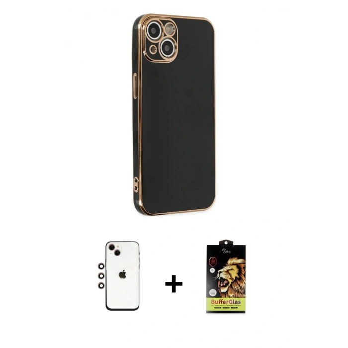 MARSİLYAN™- iPhone 14 Kılıf Yankı Serisi - Siyah Buffer Cam Ekran Koruyucu + Shine Kamera Lens - GI