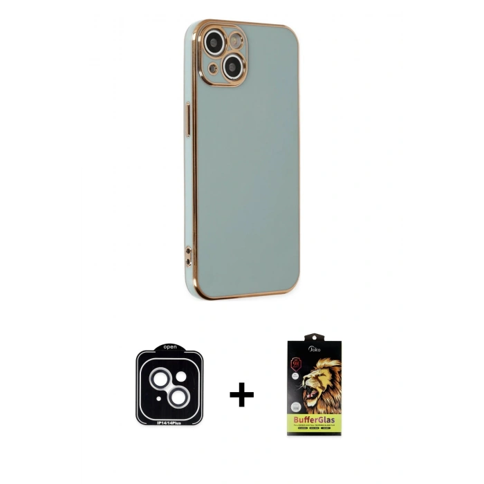 MARSİLYAN™- iPhone 14 Kılıf Yankı Serisi - Siyah Buffer Cam Ekran Koruyucu + Gümüş PVD Metal Kamera Lens