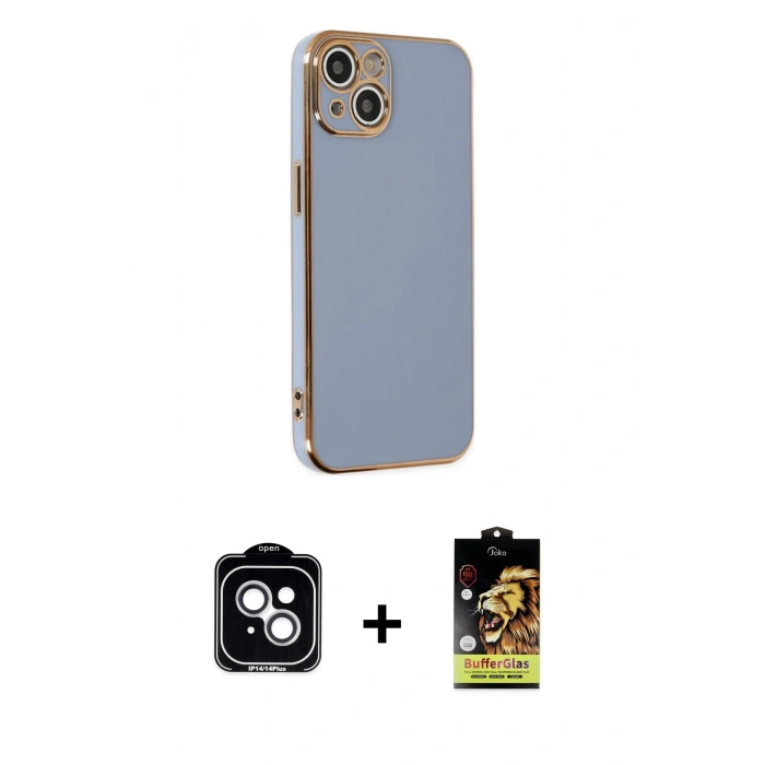 MARSİLYAN™- iPhone 14 Kılıf Yankı Serisi - Siyah Buffer Cam Ekran Koruyucu + Gümüş PVD Metal Kamera Lens