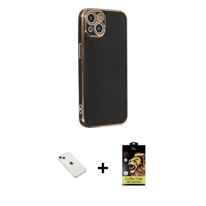 MARSİLYAN™- iPhone 14 Kılıf Yankı Serisi - Siyah Buffer Cam Ekran Koruyucu + Diamond Kamera Lens - KI