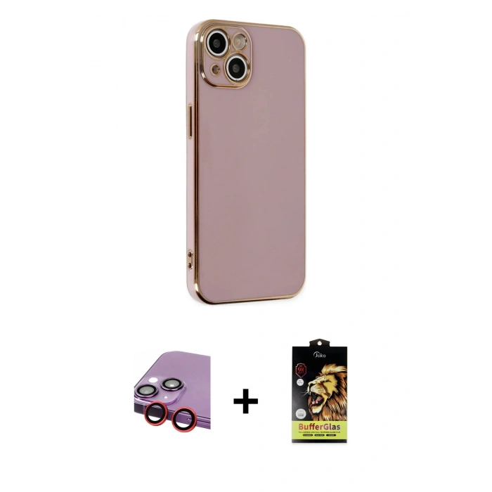 MARSİLYAN™- iPhone 14 Kılıf Yankı Serisi - Siyah Buffer Cam Ekran Koruyucu + Raze Metal Kamera Lens - KI