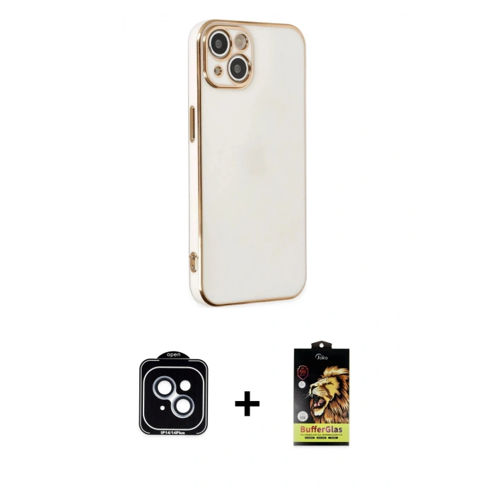 MARSİLYAN™- iPhone 14 Kılıf Yankı Serisi - Siyah Buffer Cam Ekran Koruyucu + PVD Metal Kamera Lens - MI