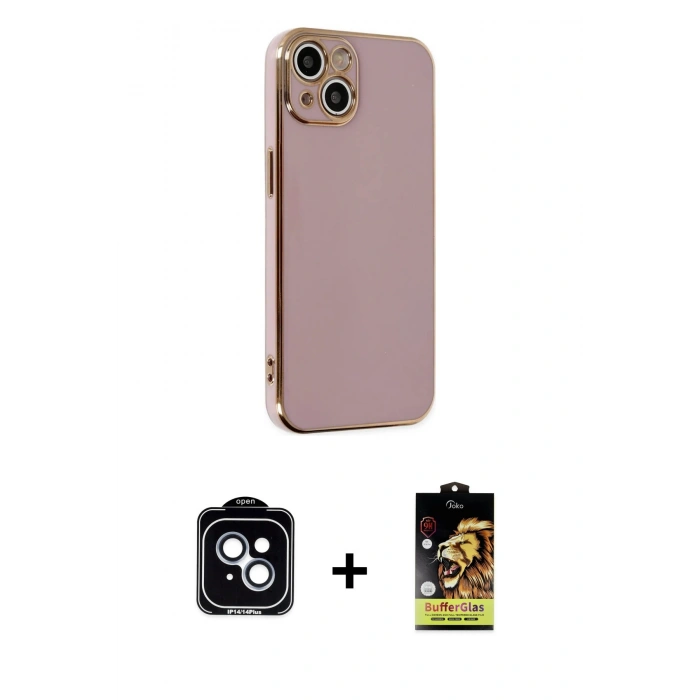 MARSİLYAN™- iPhone 14 Kılıf Yankı Serisi - Siyah Buffer Cam Ekran Koruyucu + PVD Metal Kamera Lens - MI