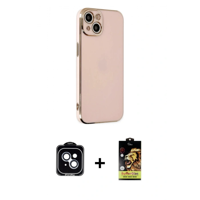 MARSİLYAN™- iPhone 14 Kılıf Yankı Serisi - Siyah Buffer Cam Ekran Koruyucu + PVD Metal Kamera Lens - MI