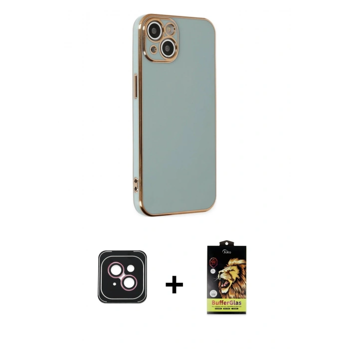 MARSİLYAN™- iPhone 14 Kılıf Yankı Serisi - Siyah Buffer Cam Ekran Koruyucu + PVD Metal Kamera Lens - PE