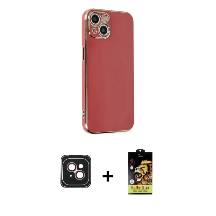 MARSİLYAN™- iPhone 14 Kılıf Yankı Serisi - Siyah Buffer Cam Ekran Koruyucu + PVD Metal Kamera Lens - PE