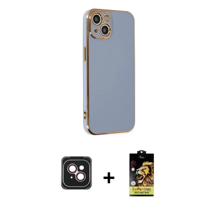 MARSİLYAN™- iPhone 14 Kılıf Yankı Serisi - Siyah Buffer Cam Ekran Koruyucu + PVD Metal Kamera Lens - PE