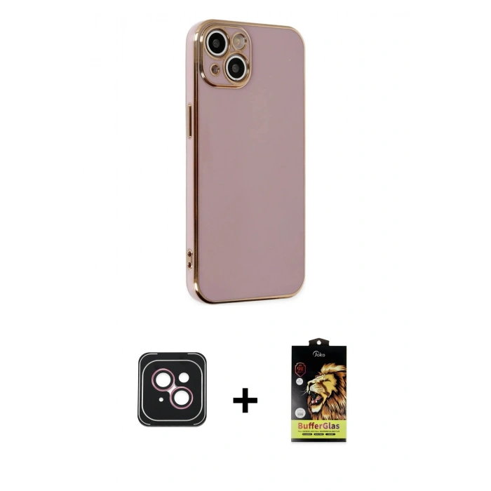 MARSİLYAN™- iPhone 14 Kılıf Yankı Serisi - Siyah Buffer Cam Ekran Koruyucu + PVD Metal Kamera Lens - PE